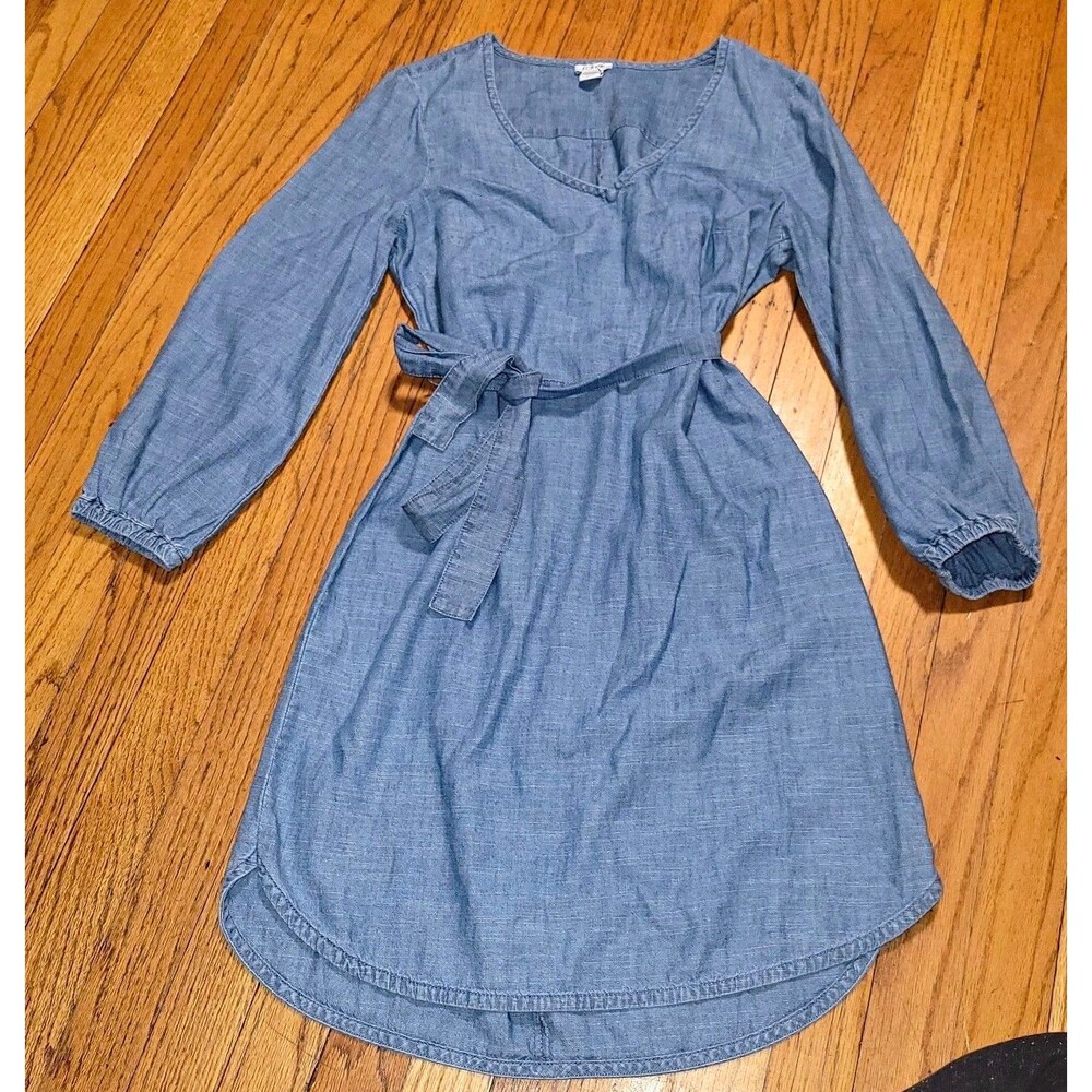 J.CREW Blue 100% cotton Chambray Cotton V-Neck Sleeve bell Tie Waist Dress S